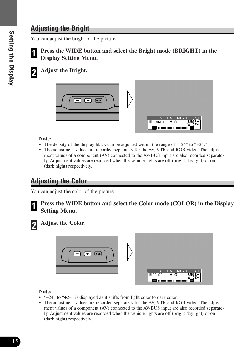 Adjusting the bright, Adjusting the color | Pioneer AVX-7300 User Manual | Page 20 / 28