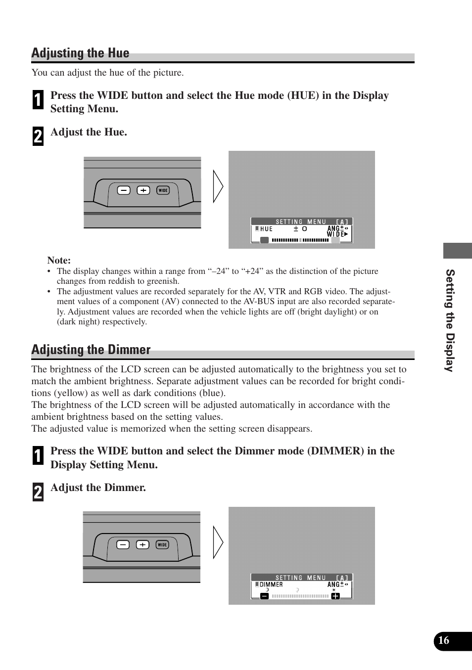 Adjusting the hue, Adjusting the dimmer | Pioneer AVX-7300 User Manual | Page 21 / 28