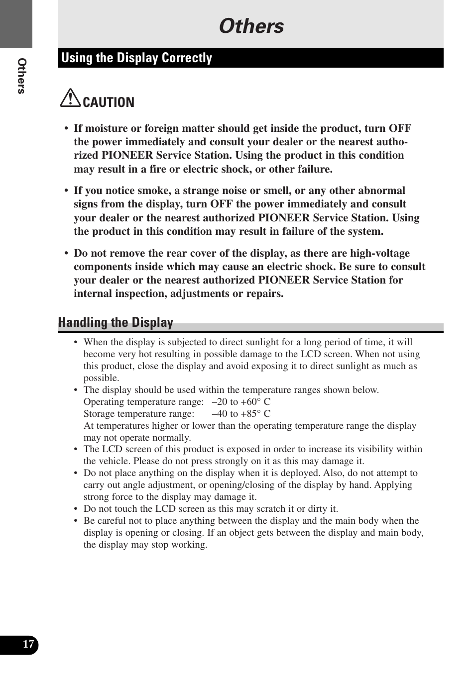 Others, Using the display correctly, Handling the display | Caution | Pioneer AVX-7300 User Manual | Page 22 / 28