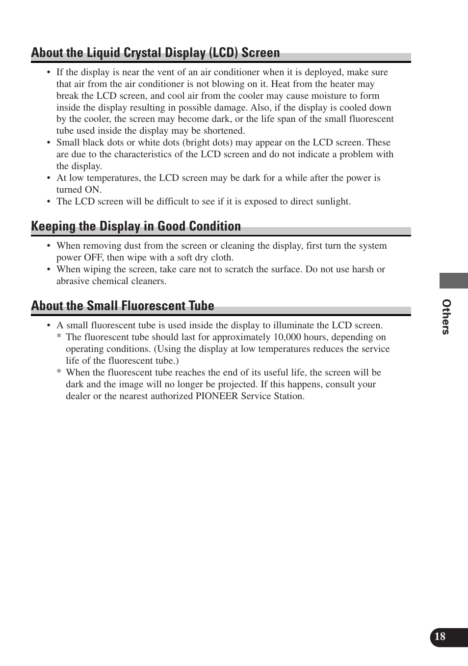 About the liquid crystal (lcd) screen, Keeping the display in good condition, About the small fluorescent tube | About the liquid crystal display (lcd) screen | Pioneer AVX-7300 User Manual | Page 23 / 28