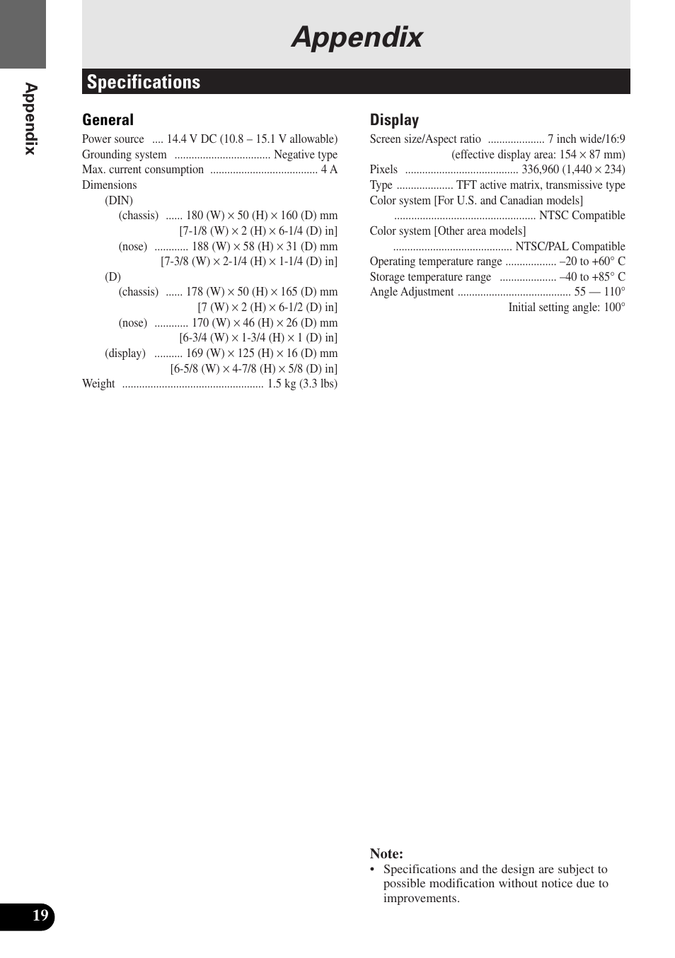 Appendix, Specifications | Pioneer AVX-7300 User Manual | Page 24 / 28