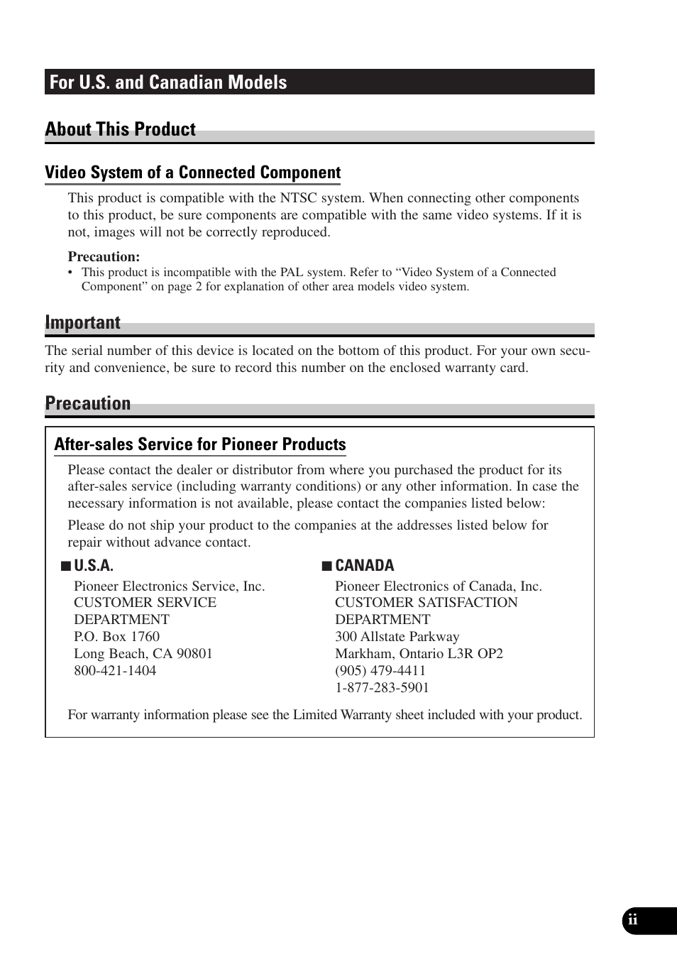 For u.s. and canadian models about this product, Important, Precaution | Pioneer AVX-7300 User Manual | Page 3 / 28