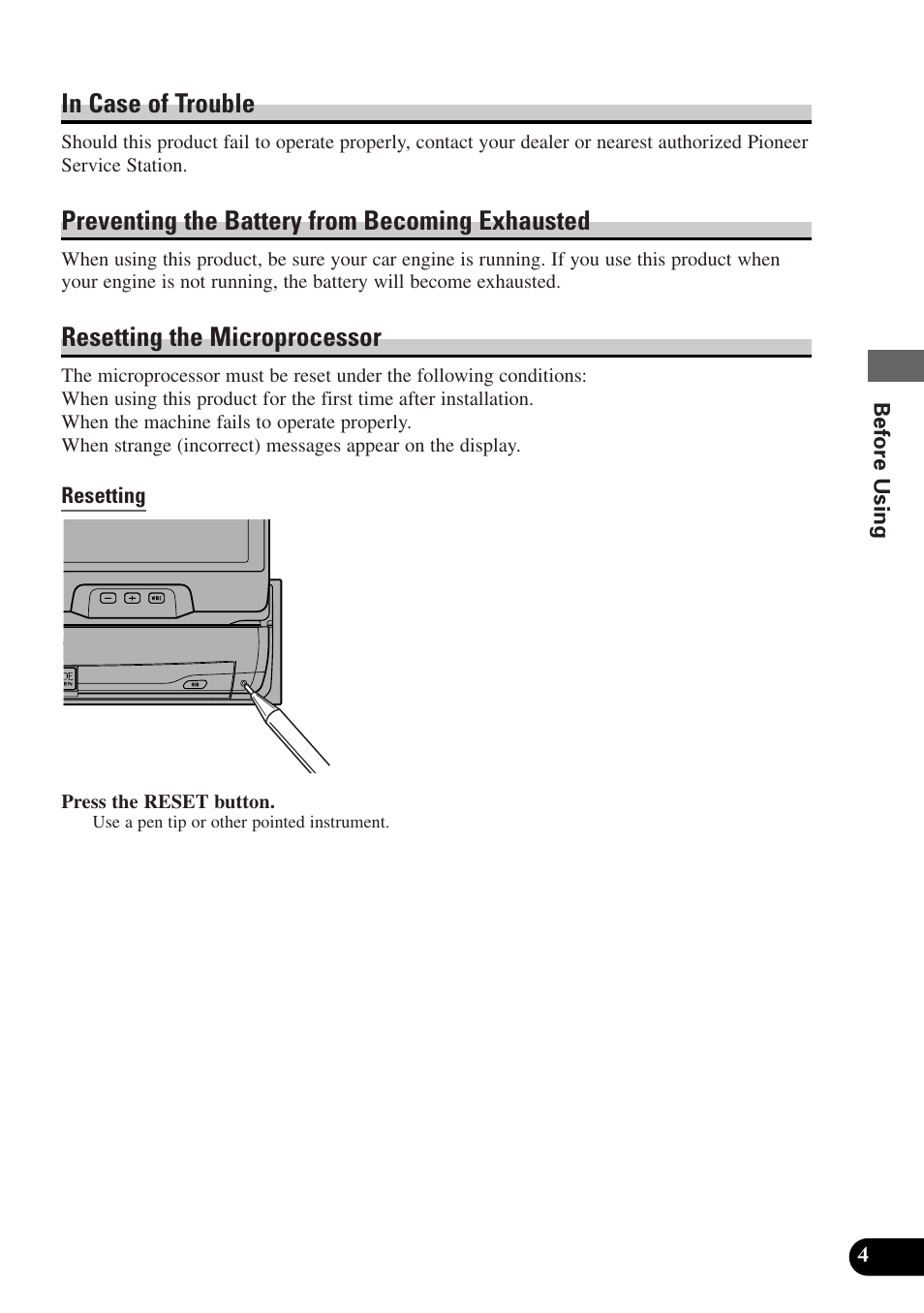 In case of trouble, Preventing the battery from becoming exhausted, Resetting the microprocessor | Pioneer AVX-7300 User Manual | Page 9 / 28