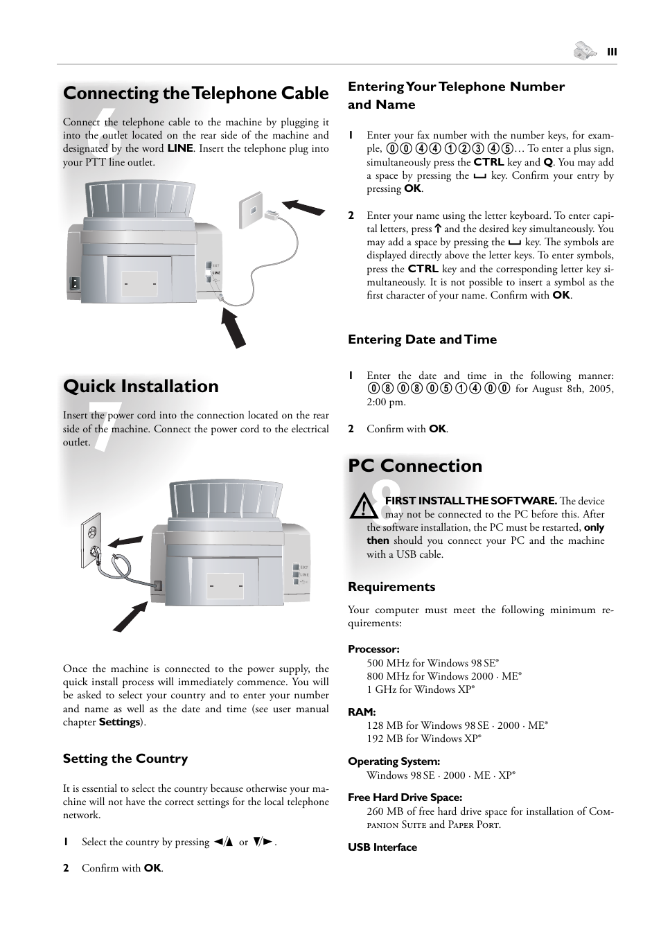 Connecting the telephone cable, Quick installation, Pc connection | Xerox FaxCentre F110 User Manual | Page 3 / 4