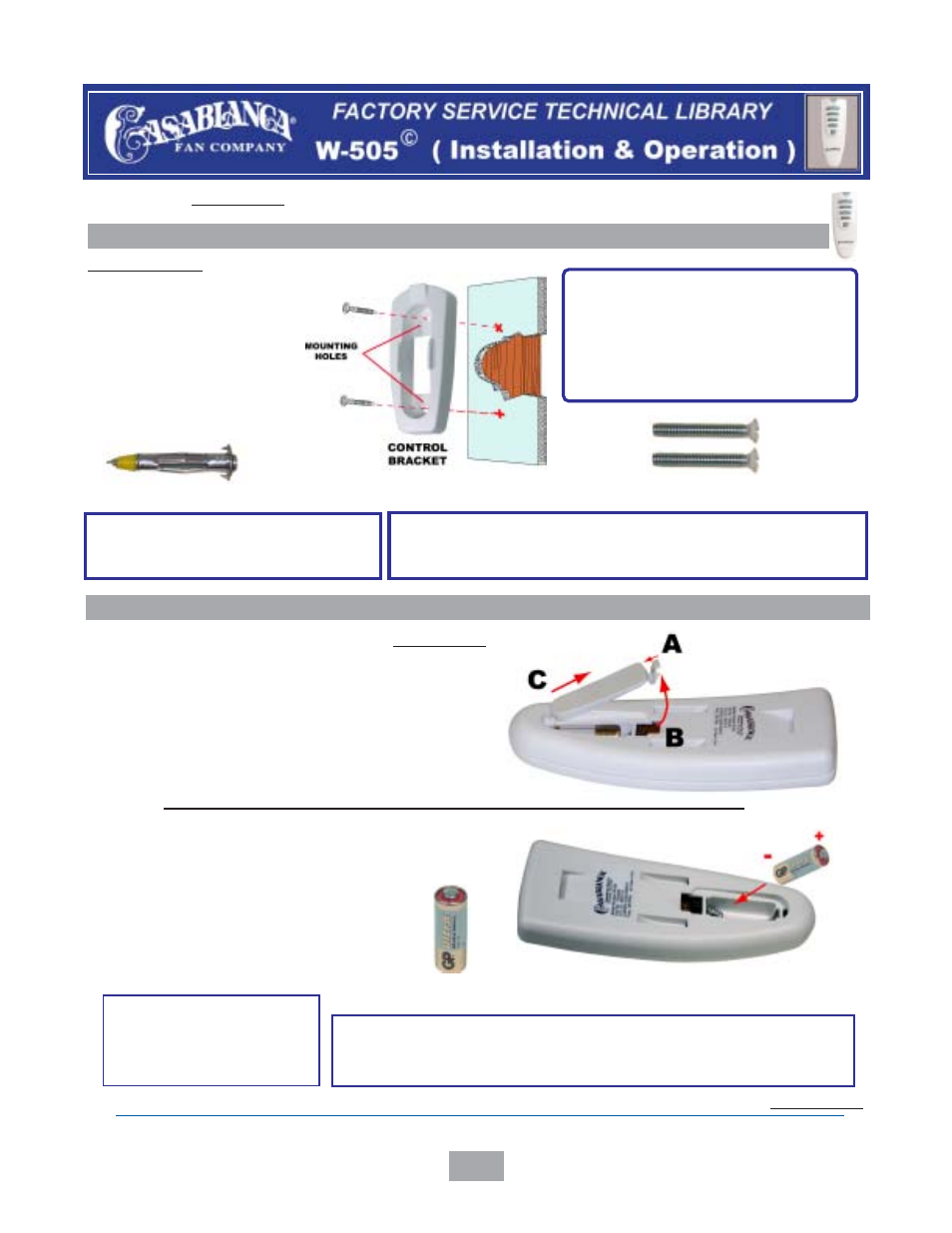 W-505™ control bracket installation, W-505™ battery installation, W-505 | Casablanca W-505 User Manual | Page 2 / 5