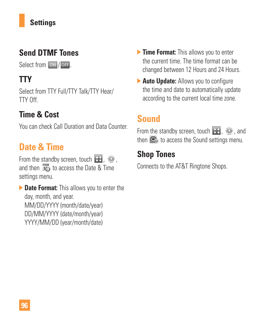 Date & time, Sound, Send dtmf tones | Time & cost, Shop tones | LG Vu Plus User Manual | Page 100 / 150