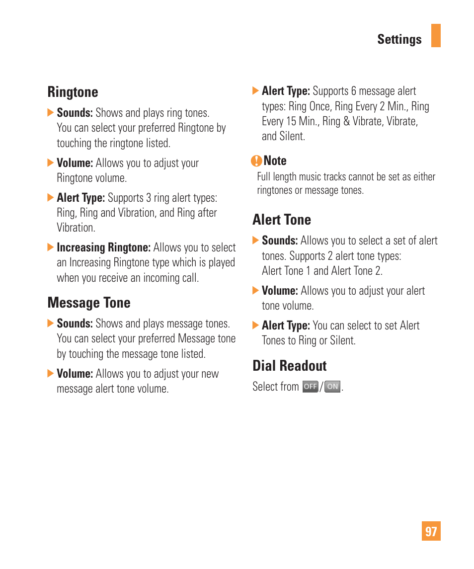 Ringtone, Message tone, Alert tone | Dial readout | LG Vu Plus User Manual | Page 101 / 150