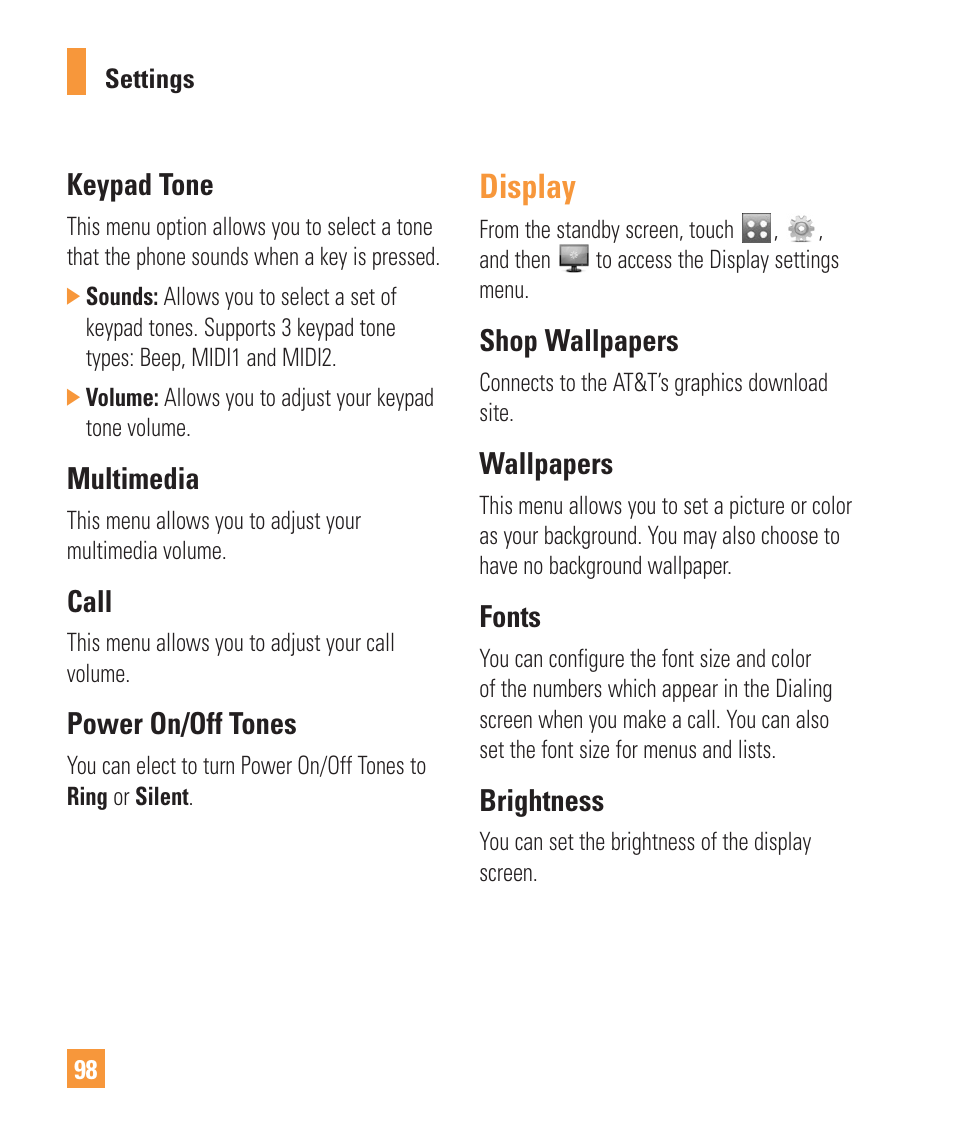 Display, Keypad tone, Multimedia | Call, Power on/off tones, Shop wallpapers, Wallpapers, Fonts, Brightness | LG Vu Plus User Manual | Page 102 / 150