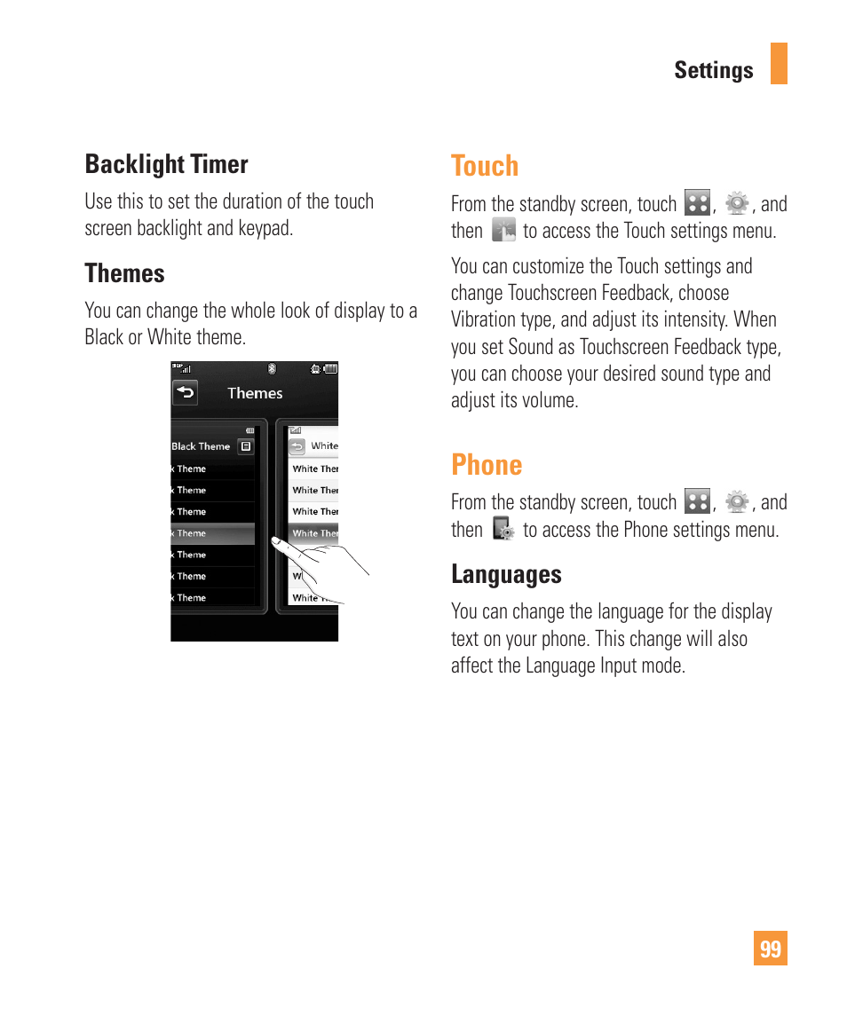 Touch, Phone, Backlight timer | Themes, Languages | LG Vu Plus User Manual | Page 103 / 150