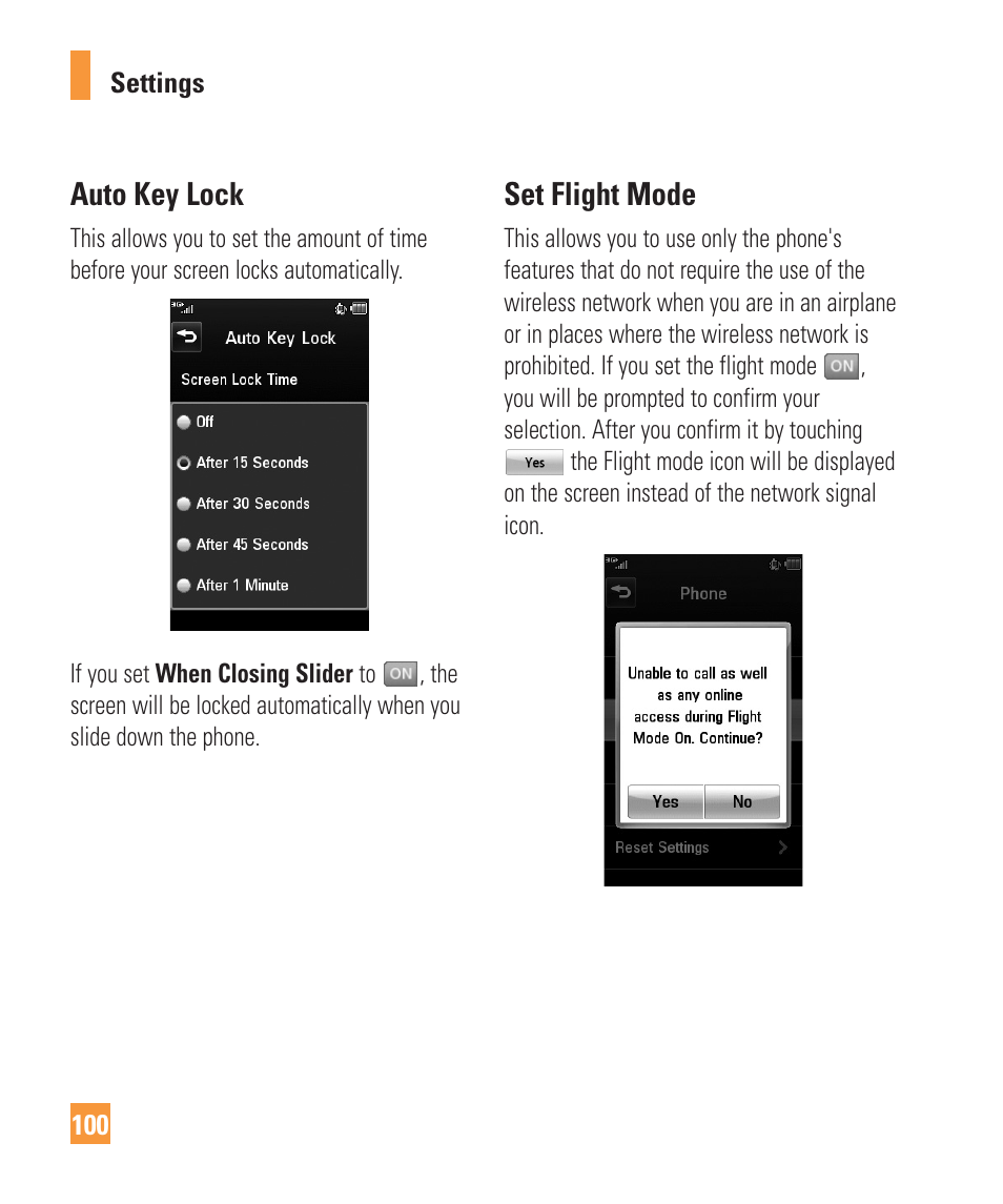 Auto key lock, Set flight mode | LG Vu Plus User Manual | Page 104 / 150