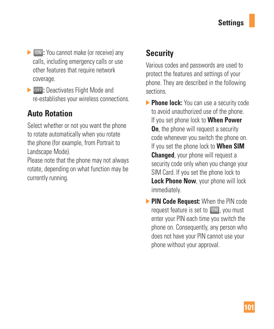 Auto rotation, Security | LG Vu Plus User Manual | Page 105 / 150