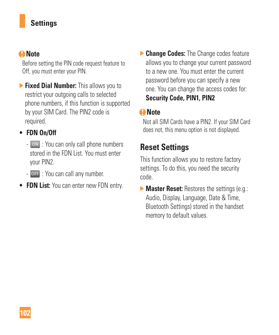 Reset settings | LG Vu Plus User Manual | Page 106 / 150