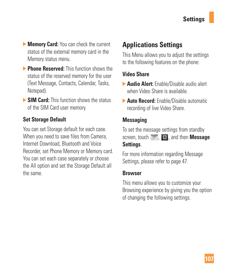 Applications settings | LG Vu Plus User Manual | Page 111 / 150