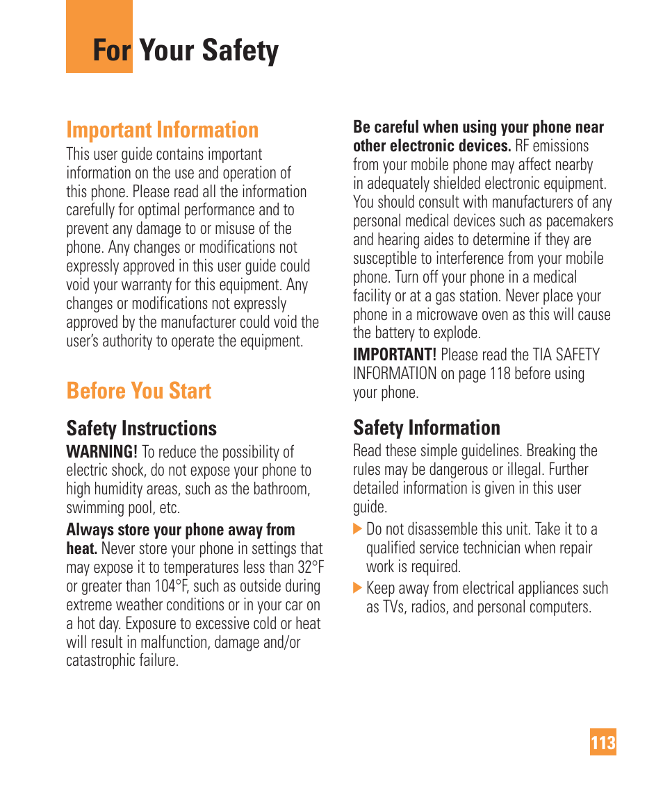 For your safety, Important information, Before you start | Safety instructions, Safety information | LG Vu Plus User Manual | Page 117 / 150