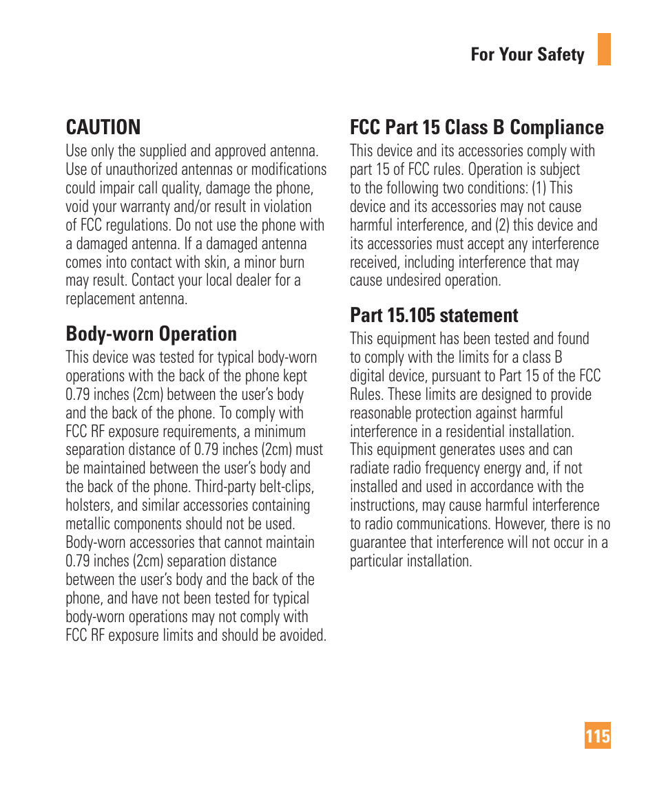 Caution, Body-worn operation, Fcc part 15 class b compliance | LG Vu Plus User Manual | Page 119 / 150