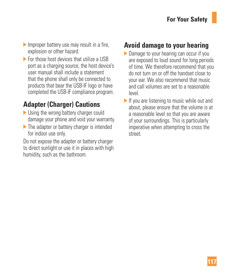 Adapter (charger) cautions, Avoid damage to your hearing | LG Vu Plus User Manual | Page 121 / 150