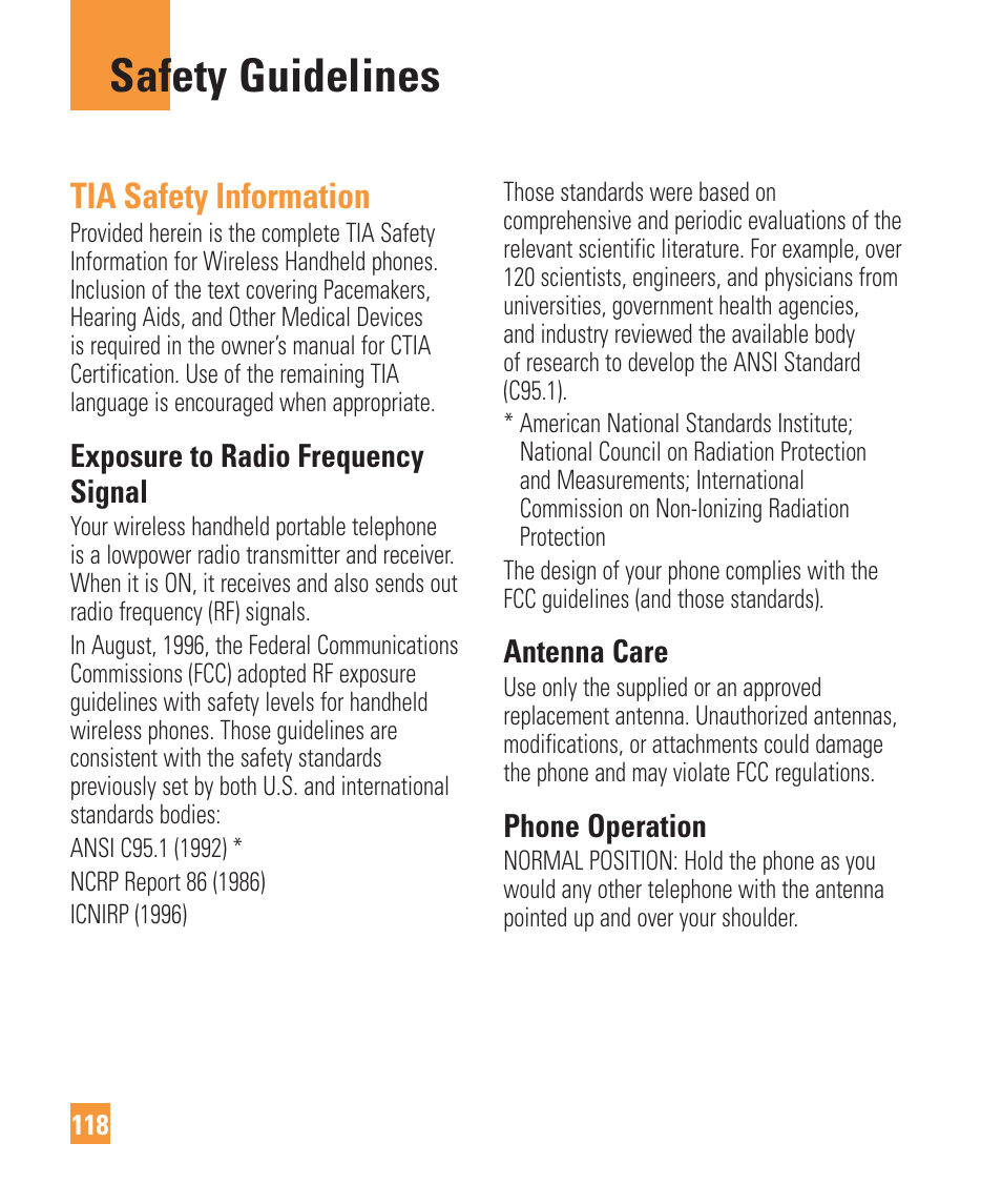 Safety guidelines, Tia safety information, Exposure to radio frequency signal | Antenna care, Phone operation | LG Vu Plus User Manual | Page 122 / 150