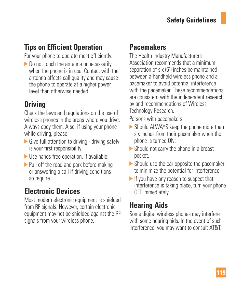 Tips on efficient operation, Driving, Electronic devices | Pacemakers, Hearing aids | LG Vu Plus User Manual | Page 123 / 150