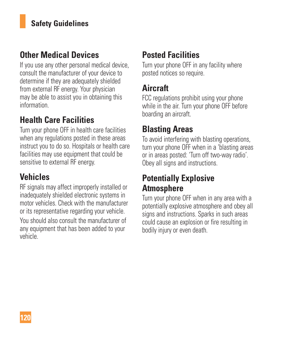 Other medical devices, Health care facilities, Vehicles | Posted facilities, Aircraft, Blasting areas, Potentially explosive atmosphere | LG Vu Plus User Manual | Page 124 / 150