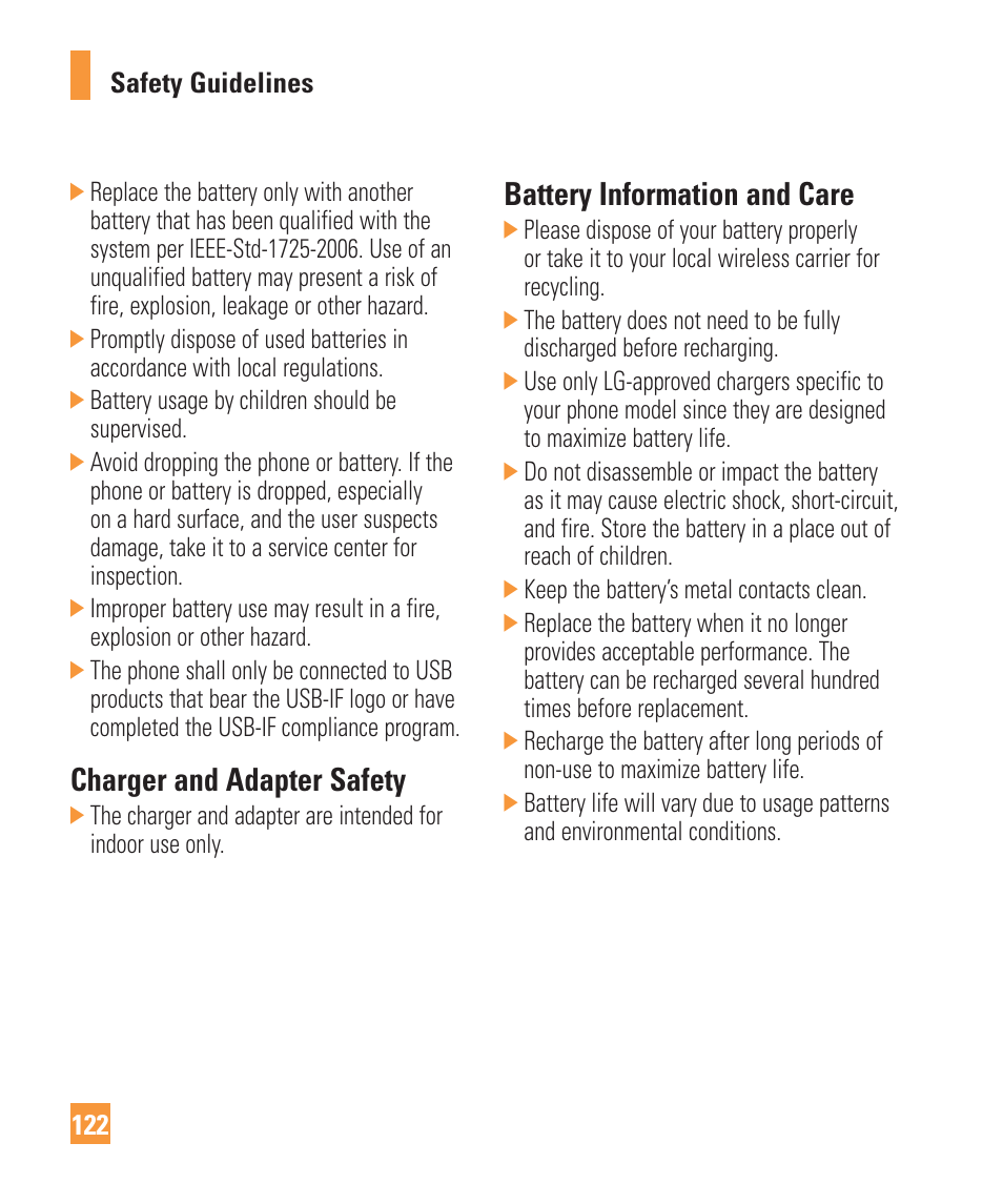 Charger and adapter safety, Battery information and care | LG Vu Plus User Manual | Page 126 / 150