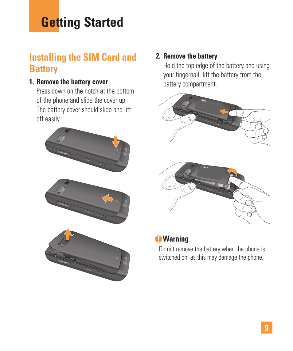 Getting started, Installing the sim card and battery | LG Vu Plus User Manual | Page 13 / 150