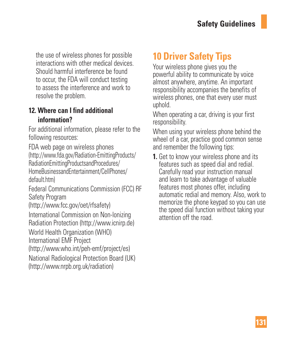 10 driver safety tips | LG Vu Plus User Manual | Page 135 / 150