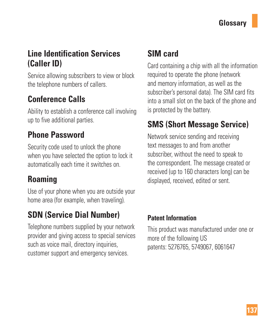 Line identification services (caller id), Conference calls, Phone password | Roaming, Sdn (service dial number), Sim card, Sms (short message service) | LG Vu Plus User Manual | Page 141 / 150