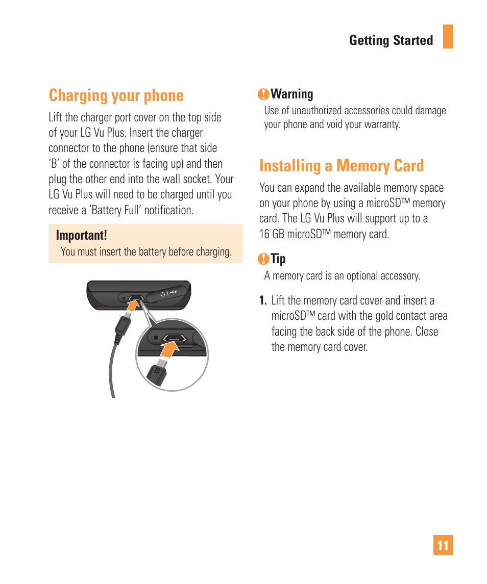Charging your phone | LG Vu Plus User Manual | Page 15 / 150