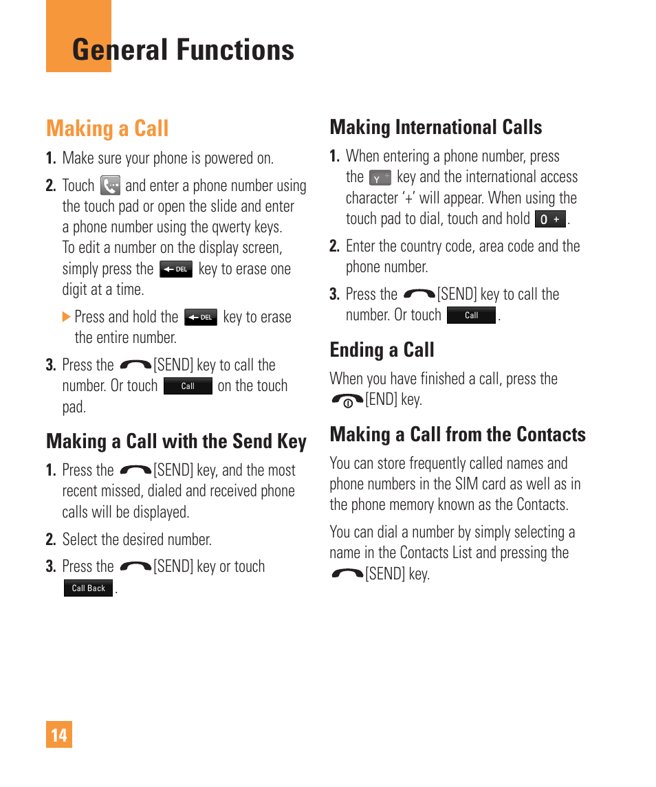 General functions, Making a call, Making a call with the send key | Making international calls, Ending a call, Making a call from the contacts | LG Vu Plus User Manual | Page 18 / 150