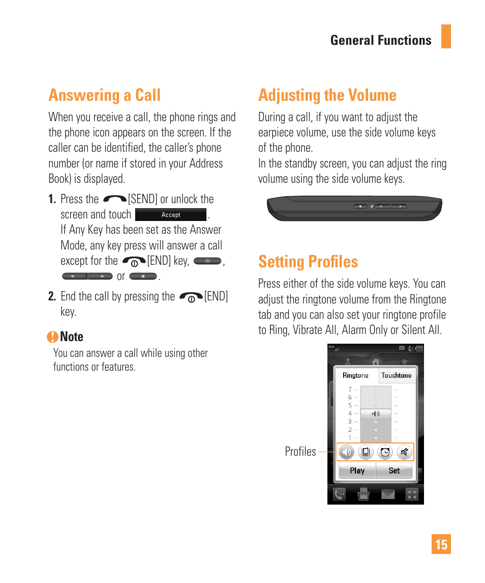 Answering a call, Adjusting the volume, Setting profiles | LG Vu Plus User Manual | Page 19 / 150