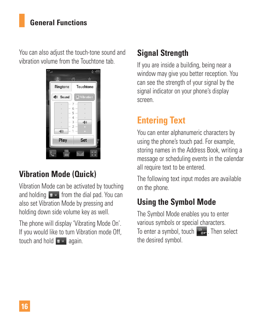 Entering text, Vibration mode (quick), Signal strength | Using the symbol mode | LG Vu Plus User Manual | Page 20 / 150