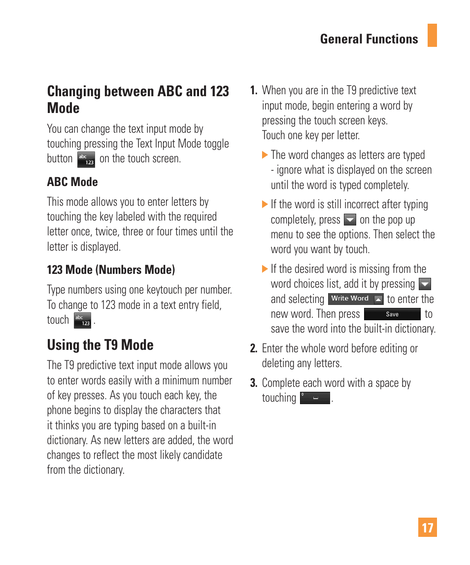 Changing between abc and 123 mode, Using the t9 mode | LG Vu Plus User Manual | Page 21 / 150