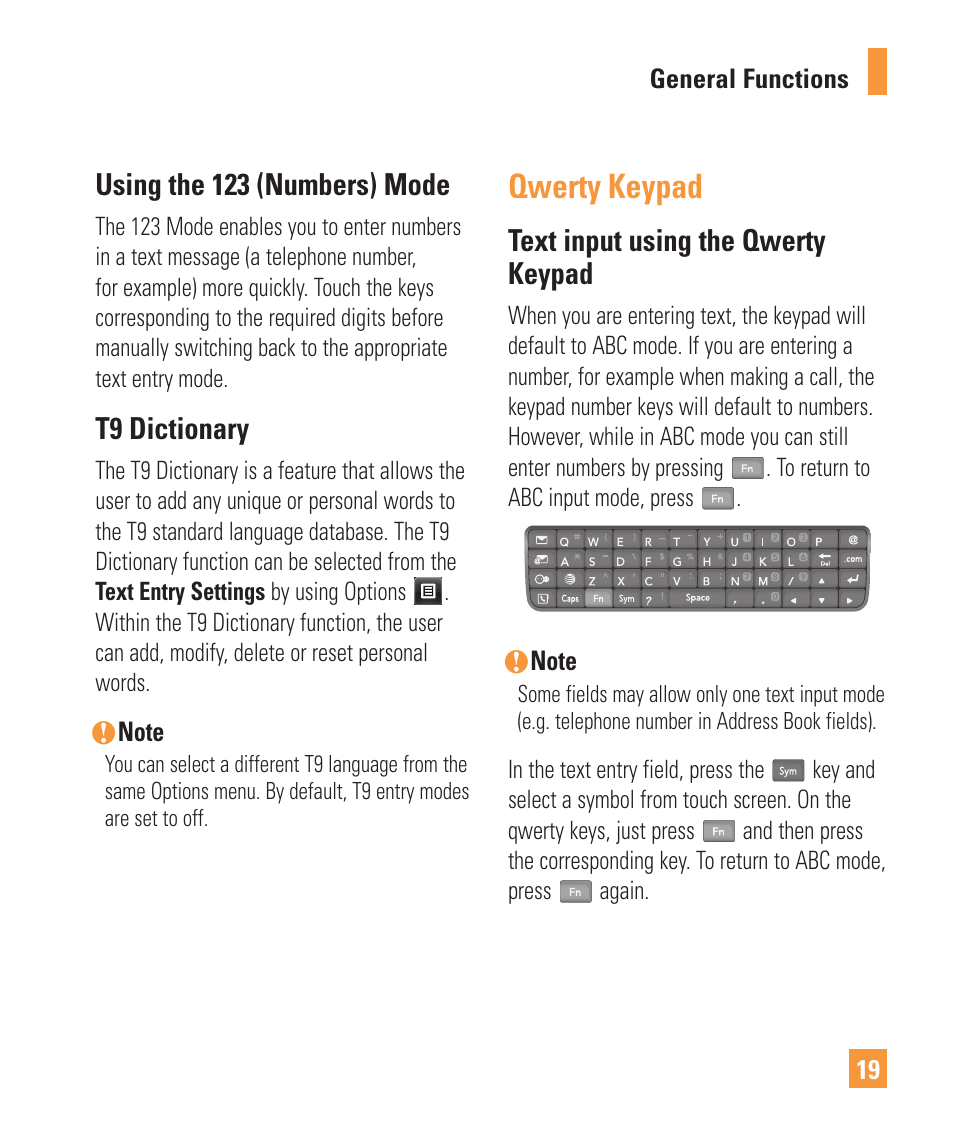 Qwerty keypad, Using the 123 (numbers) mode, T9 dictionary | Text input using the qwerty keypad | LG Vu Plus User Manual | Page 23 / 150