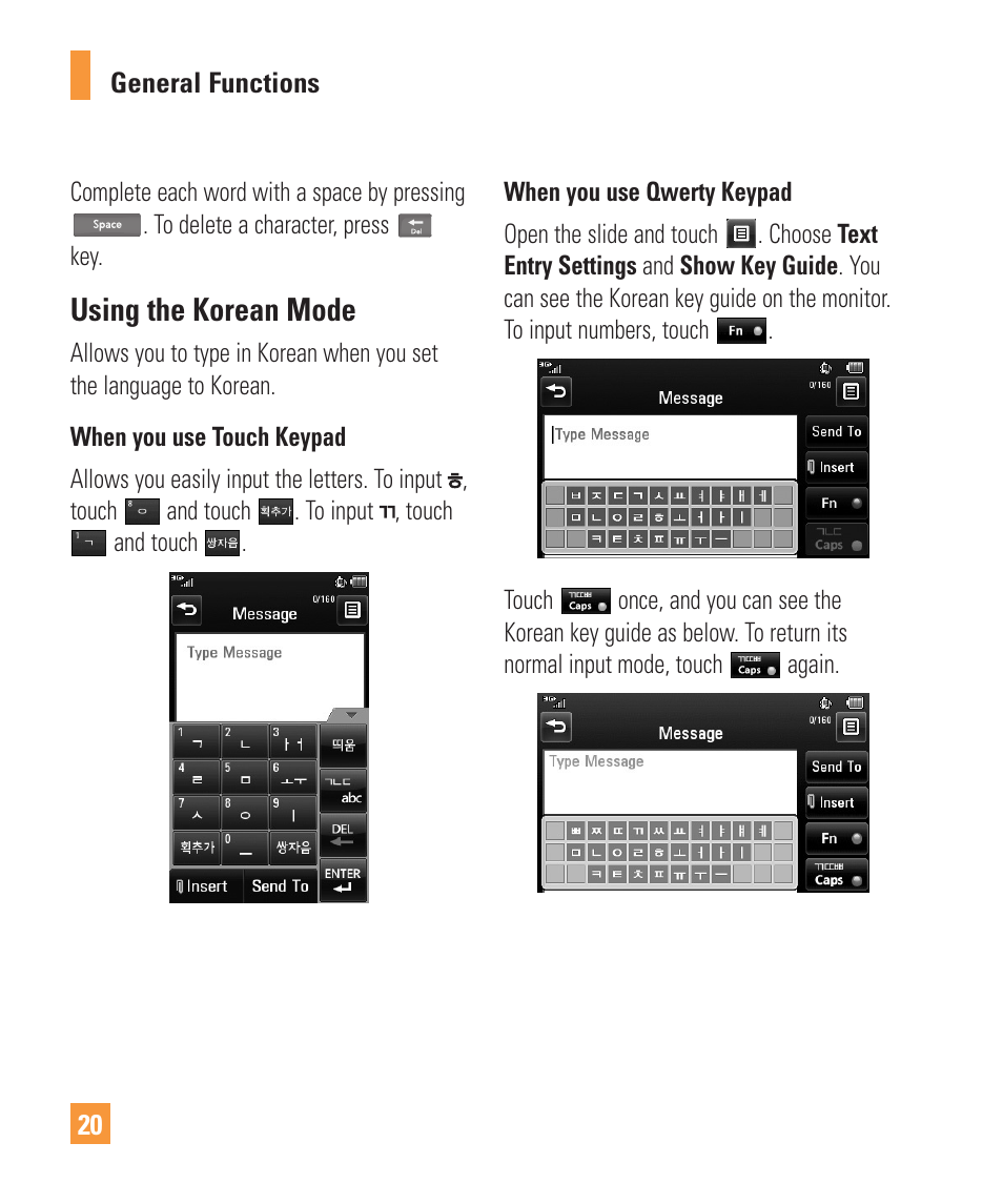 Using the korean mode | LG Vu Plus User Manual | Page 24 / 150