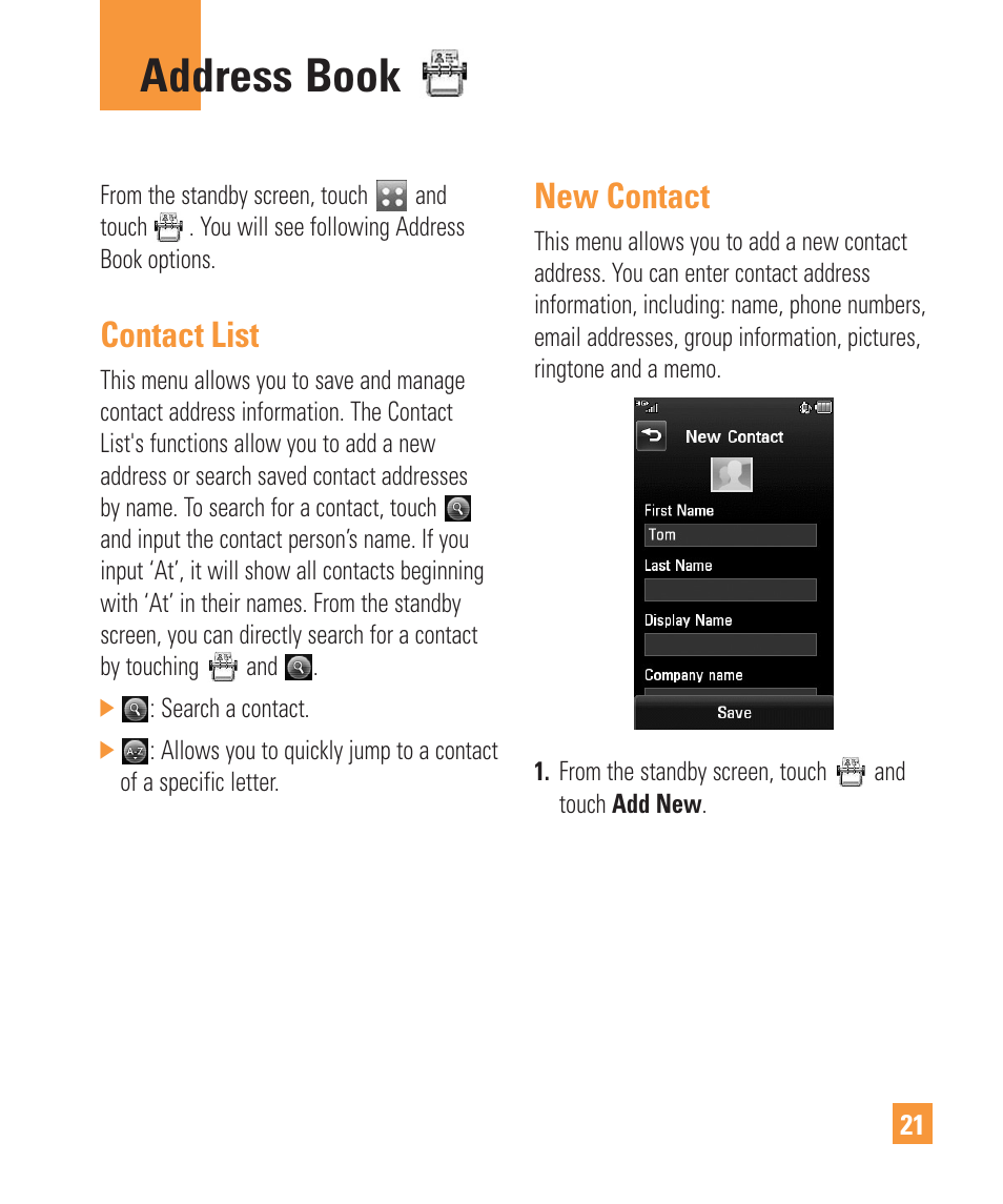 Address book, Contact list, New contact | LG Vu Plus User Manual | Page 25 / 150