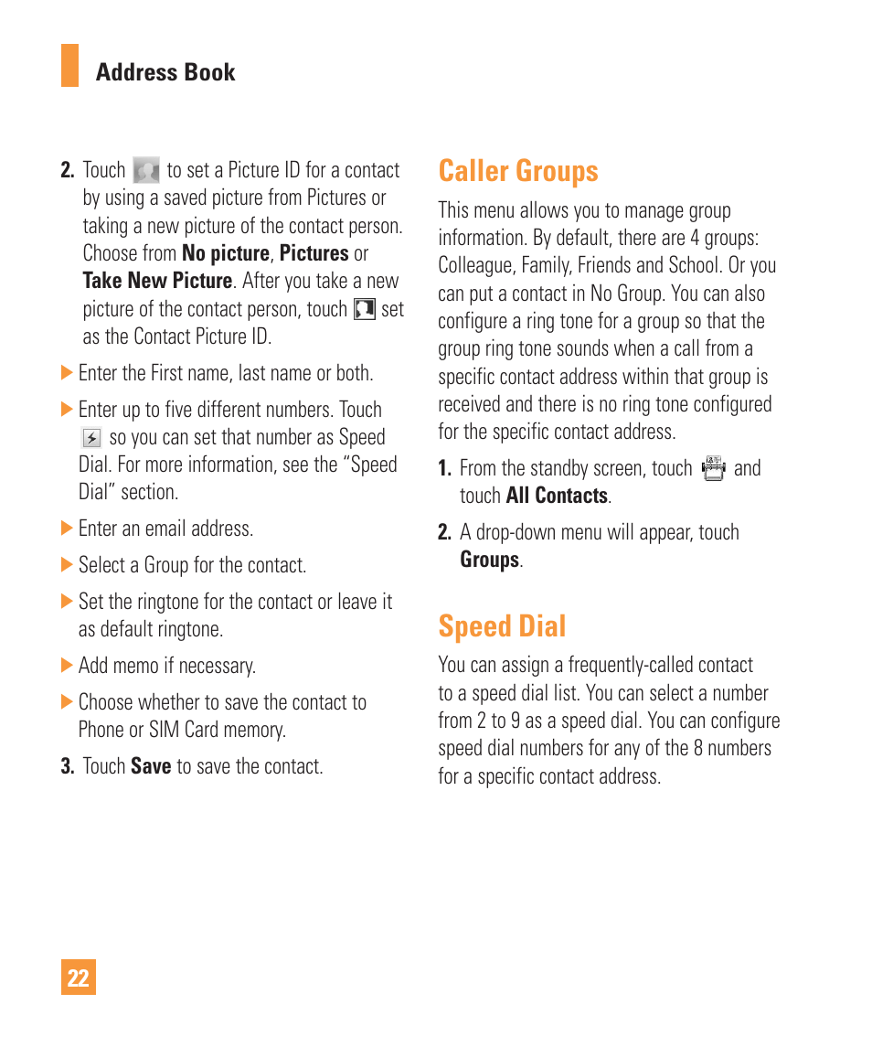 Caller groups, Speed dial | LG Vu Plus User Manual | Page 26 / 150