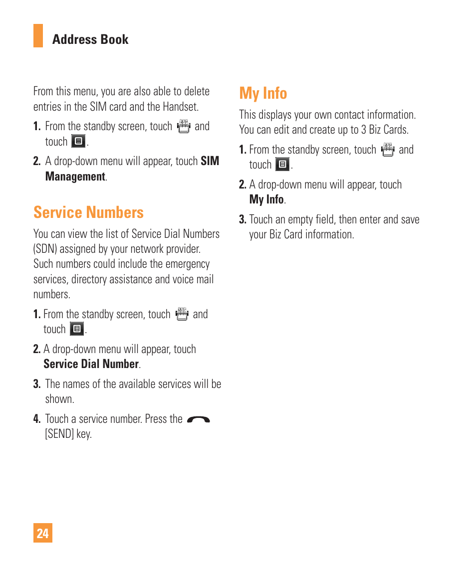 Service numbers, My info | LG Vu Plus User Manual | Page 28 / 150