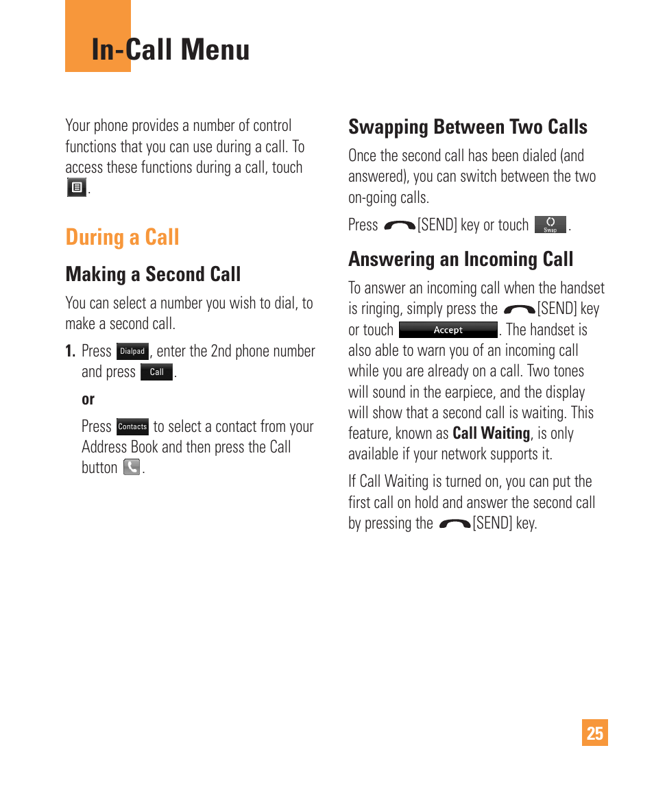 In-call menu, During a call, Making a second call | Swapping between two calls, Answering an incoming call | LG Vu Plus User Manual | Page 29 / 150