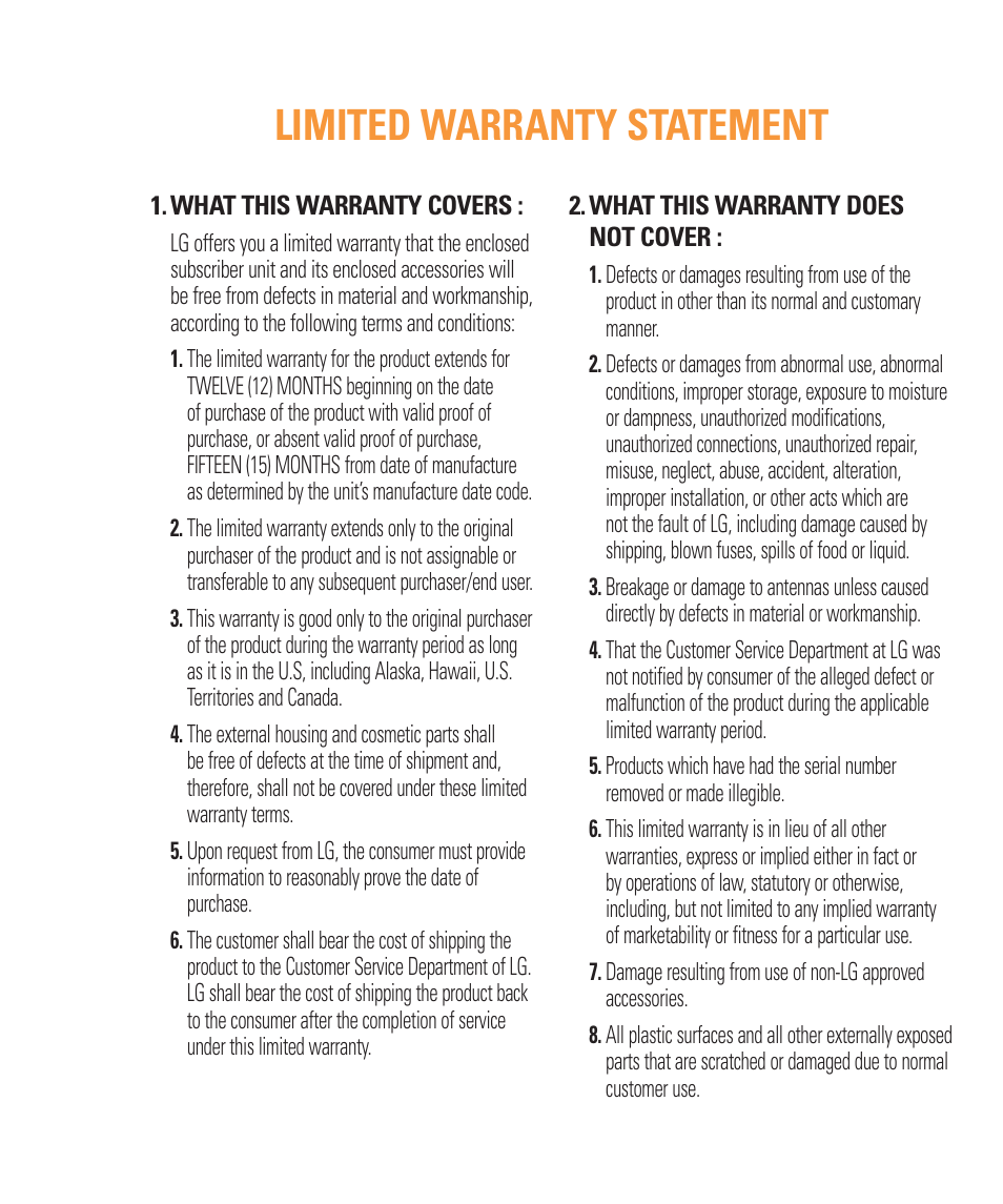 Limited warranty statement | LG Vu Plus User Manual | Page 3 / 150