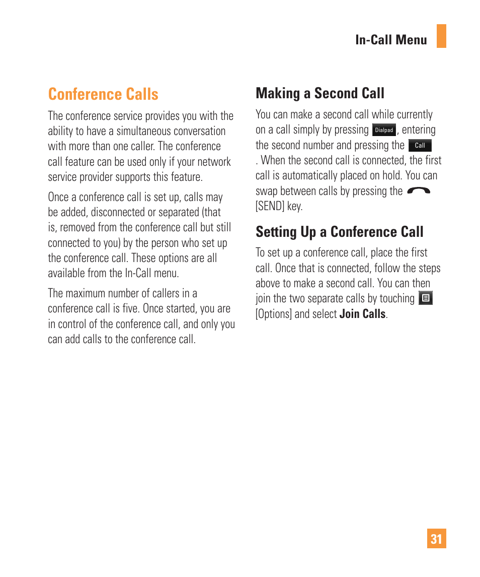 Conference calls, Making a second call, Setting up a conference call | LG Vu Plus User Manual | Page 35 / 150