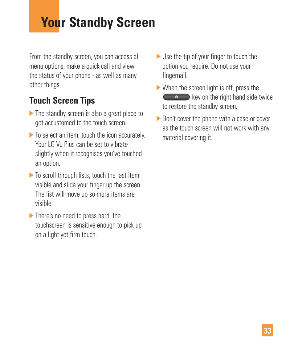 Your standby screen, Touch screen tips | LG Vu Plus User Manual | Page 37 / 150