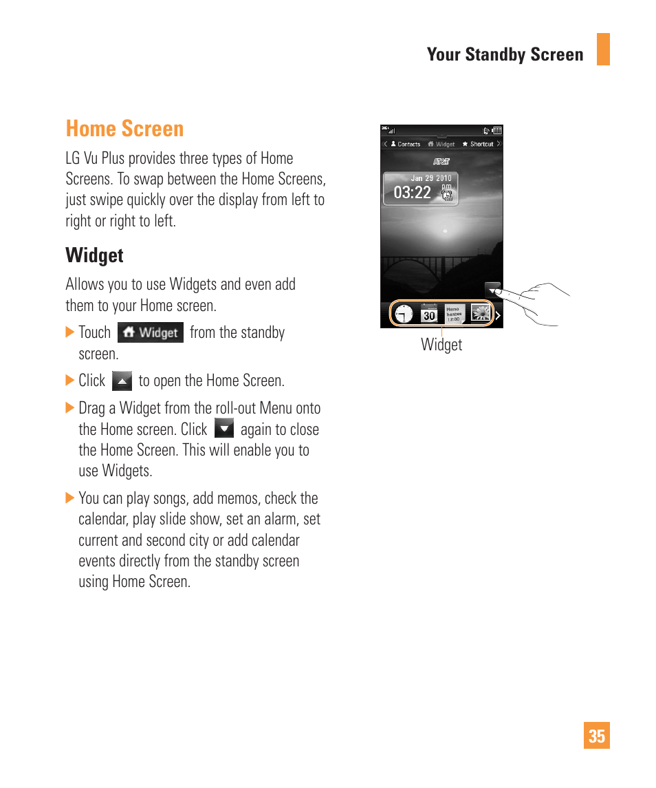 Home screen, Widget | LG Vu Plus User Manual | Page 39 / 150