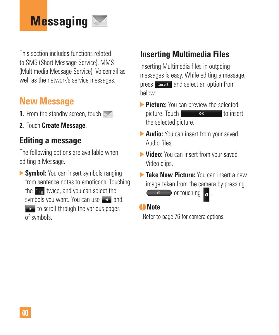 Messaging, New message, Editing a message | Inserting multimedia files | LG Vu Plus User Manual | Page 44 / 150