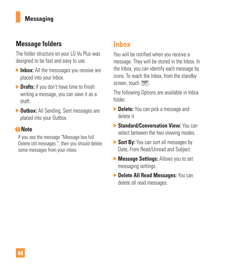 Inbox, Message folders | LG Vu Plus User Manual | Page 48 / 150