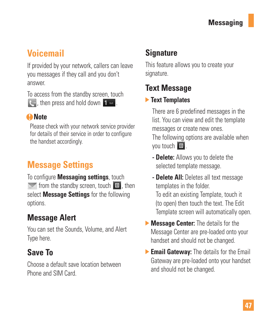 Voicemail, Message settings, Message alert | Save to, Signature, Text message | LG Vu Plus User Manual | Page 51 / 150