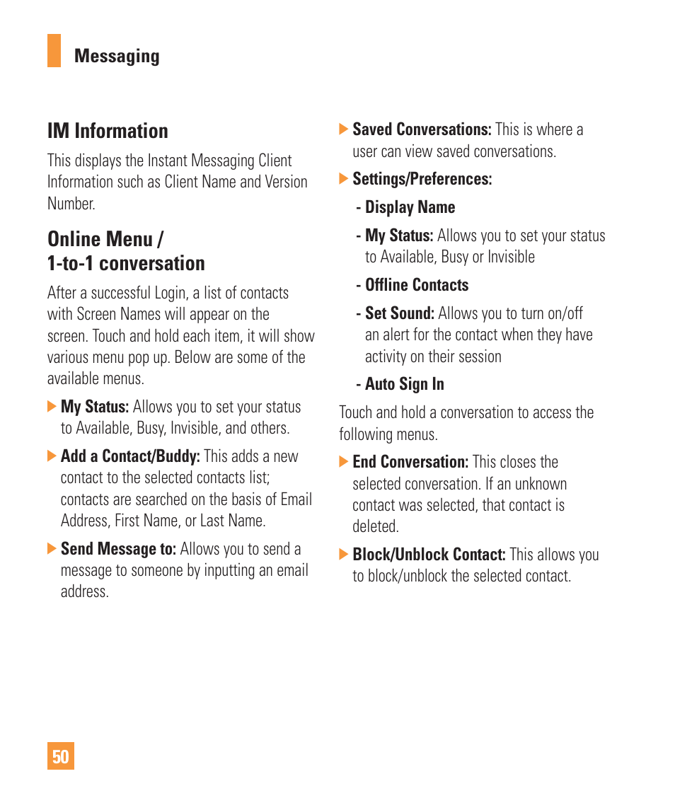 Im information, Online menu / 1-to-1 conversation | LG Vu Plus User Manual | Page 54 / 150