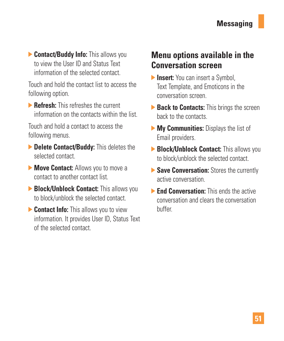 Menu options available in the conversation screen | LG Vu Plus User Manual | Page 55 / 150
