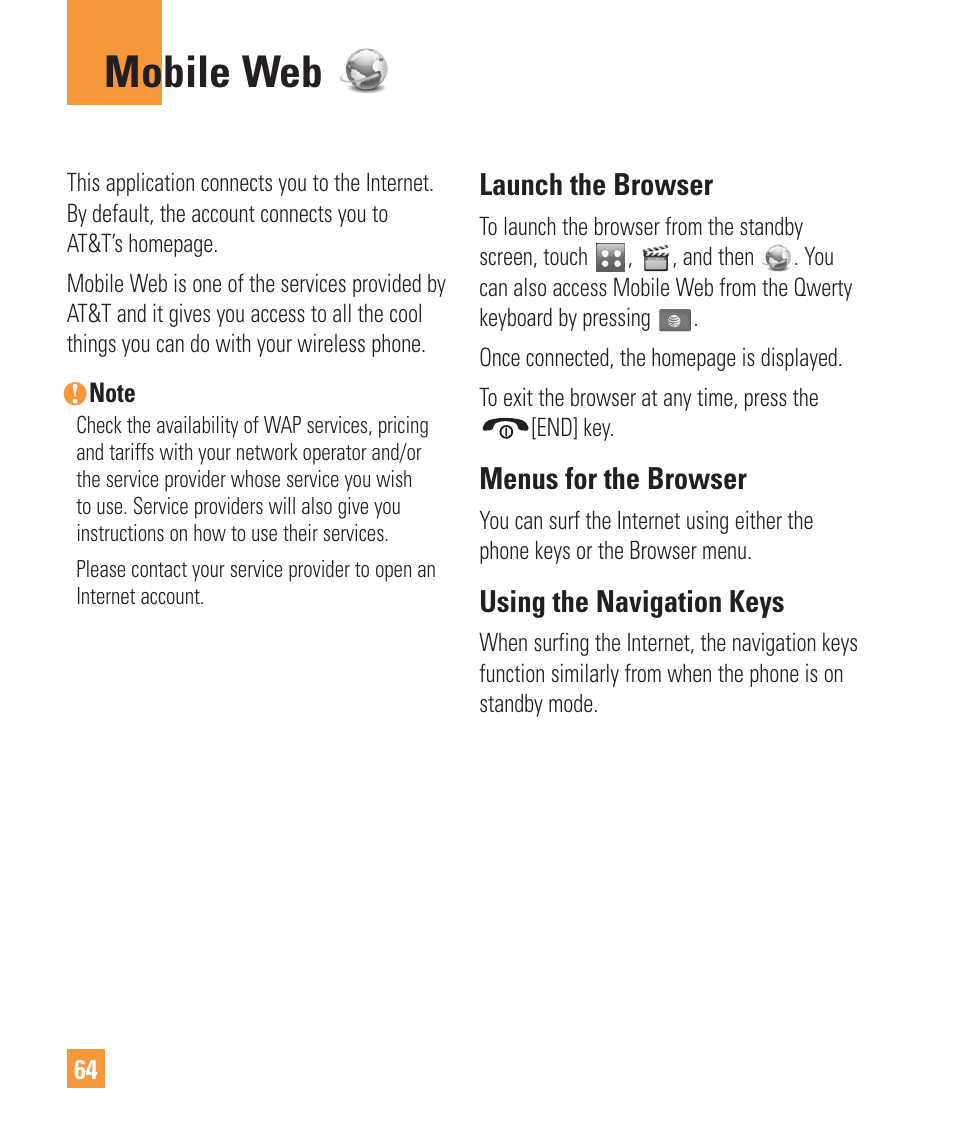 Mobile web, Launch the browser, Menus for the browser | Using the navigation keys | LG Vu Plus User Manual | Page 68 / 150