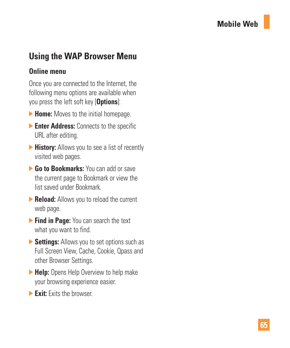 Using the wap browser menu | LG Vu Plus User Manual | Page 69 / 150