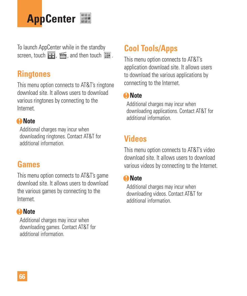 Appcenter, Ringtones, Games | Cool tools/apps, Videos | LG Vu Plus User Manual | Page 70 / 150